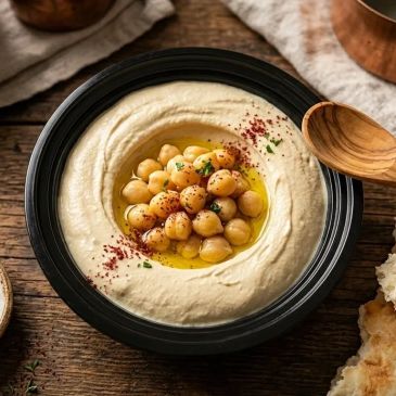 Creamy hummus topped with chickpeas and olive oil.
