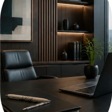 Sleek modern office desk setup with laptop and pen.