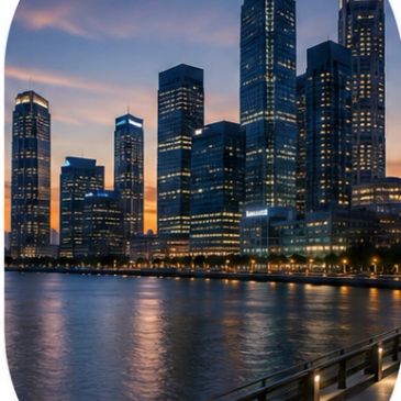 City skyline at dusk with water reflection.