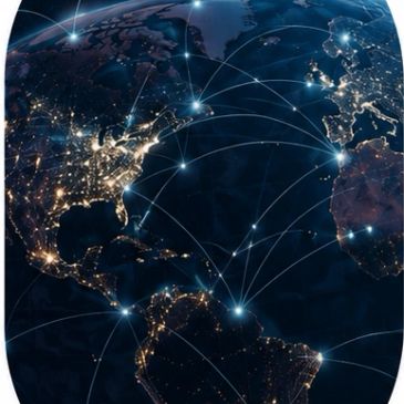 Global network connections between continents at night.