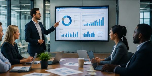 Business presentation with charts to a team.