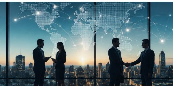 Business professionals networking against a world map.