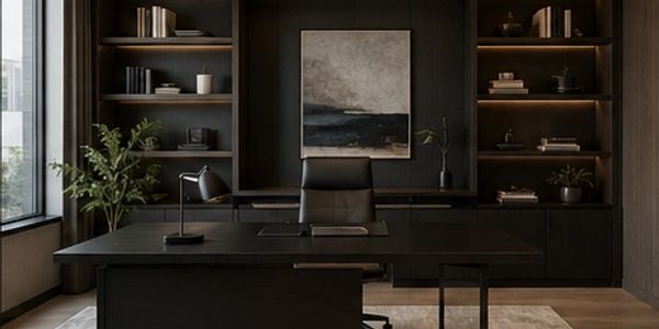 Sleek modern office with dark wood furniture.