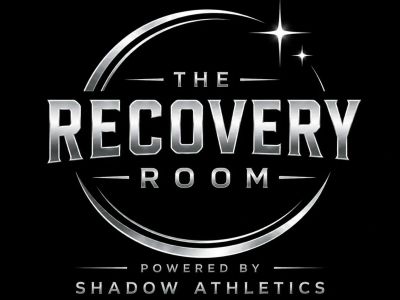 Silver metallic logo for The Recovery Room by Shadow Athletics on black.