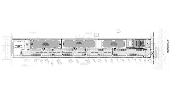 Architectural site plan with three buildings and parking layout.