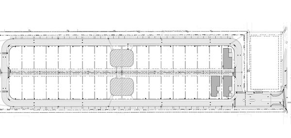 Architectural site plan showing layout of roads and buildings.