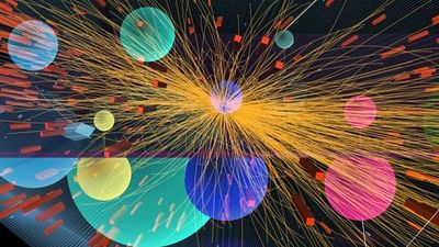 Colorful abstract spheres with dynamic yellow lines radiating from the center on a dark background.