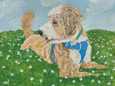 Painting of a dog lying on grass with flowers.