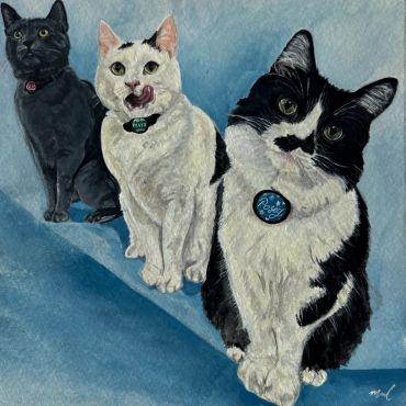 Three cats sitting in a row on a blue surface.