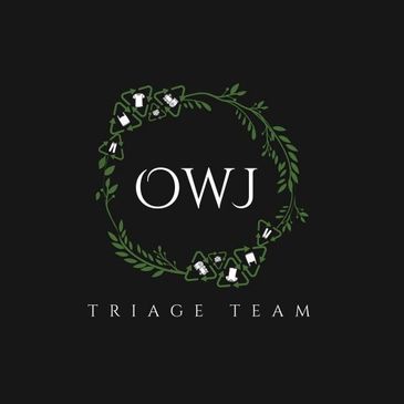 Logo of OWJ Triage Team with green wreath on black background.