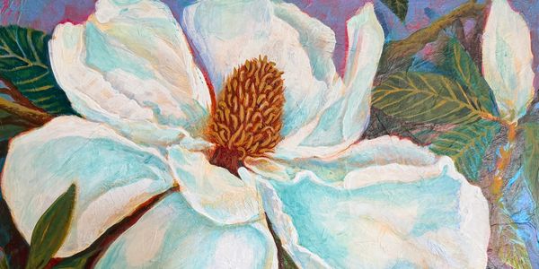 Close-up painting of a large white flower with textured petals and green leaves.
