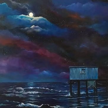 “She Speaks To Me Softly”
Original
30 x 50 Acrylic on Canvas
Little Blue Cabin-South Beach
Hunting I