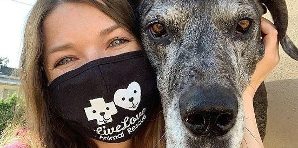 Image of Lisa in a Live Love face mask with her Great Dane Drogo