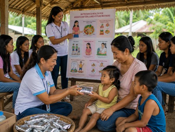 Health worker educating and distributing food to community.