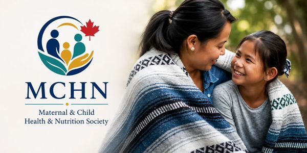 Mother and child smiling, wrapped in a blanket with MCHN logo.