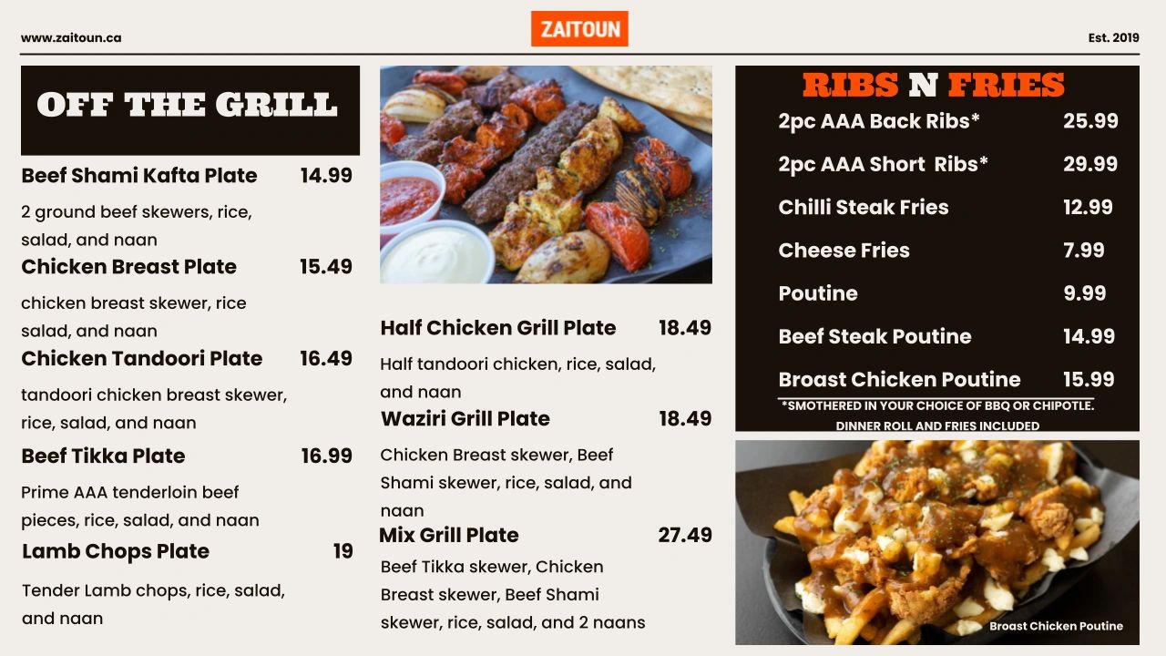 Grill menu, Afghan kabob menu, BBQ ribs menu, poutine, cheese fries, mouth watering bbq kabobs