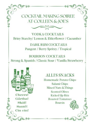 Cocktail menu and snacks at Colleen &amp; Joe's soiree.