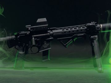 A tactical black rifle with green accents and a smoke effect in a dark setting.