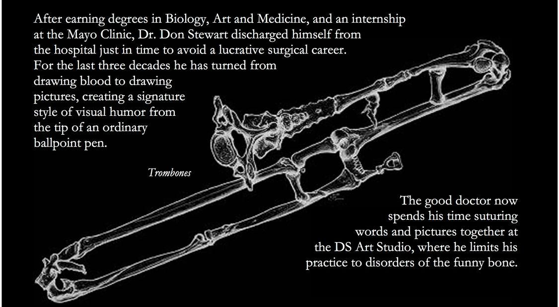 Trombones: bare bones anatomy of a classic musical instrument by doctor-turned-artist Don Stewart. 