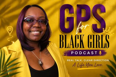 A confident Black woman promotes the GPS for Black Girls podcast with a bright yellow background.