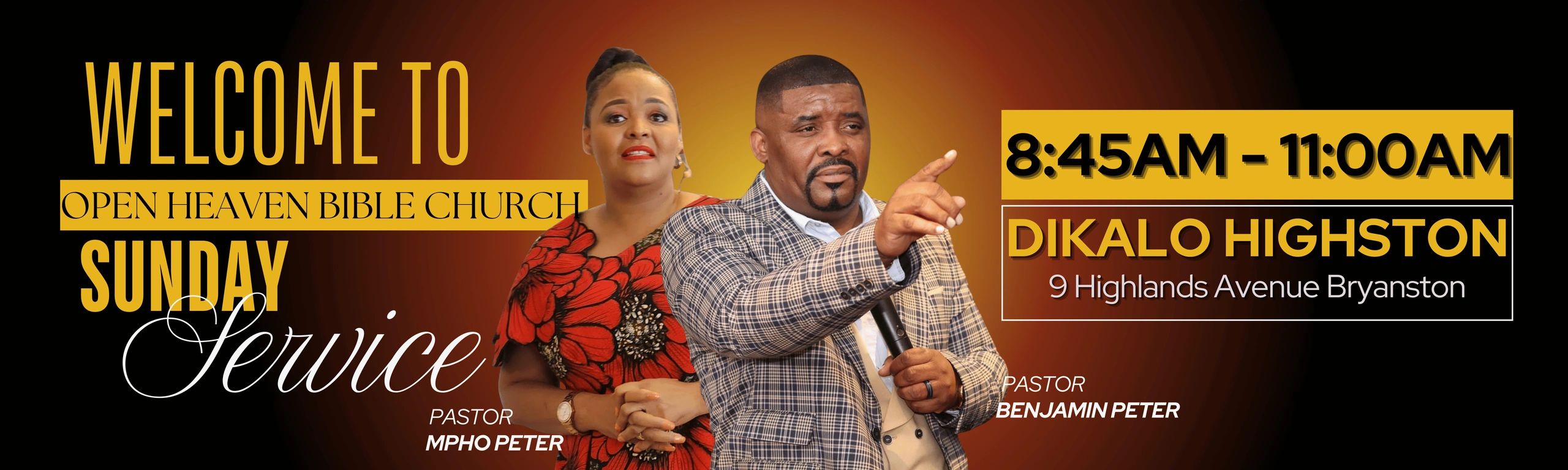 Sunday service at Open Heaven Bible Church with Pastors Mpho Peter and Benjamin Peter.