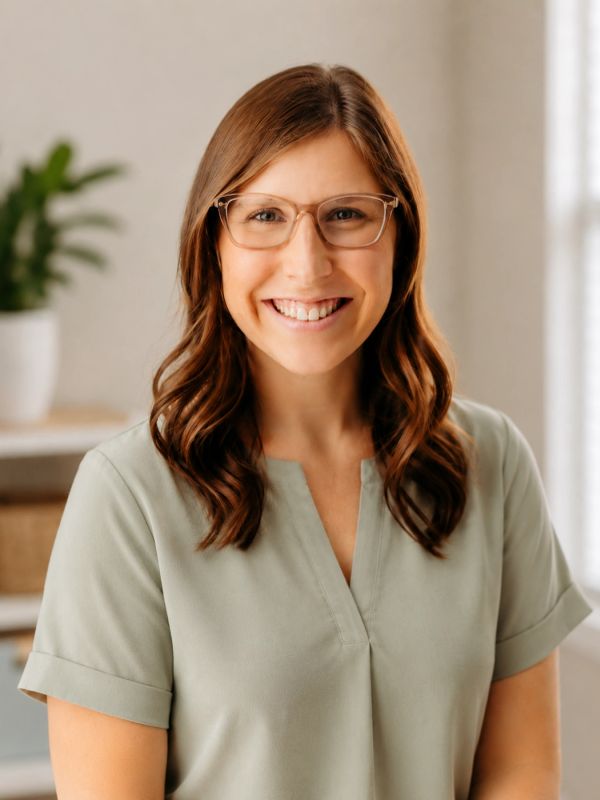 Smiling woman with glasses and wavy hair.