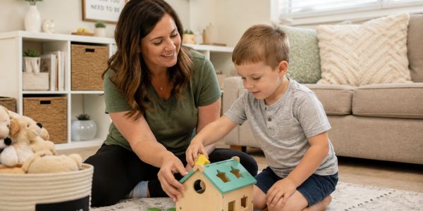 Mother and son playing with a wooden puzzle house.