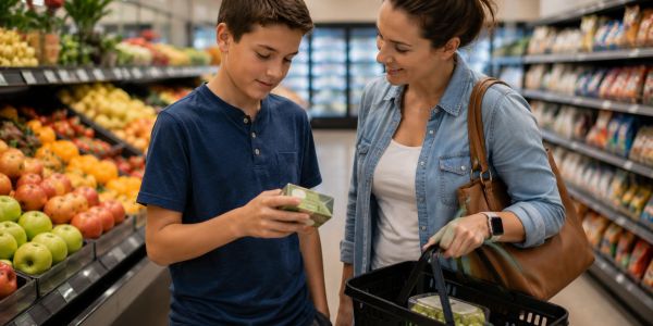 Mother and son grocery shopping together.