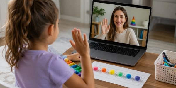 Girl and woman video call, waving at each other.