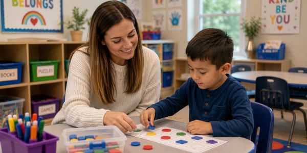 Teacher helping child with color matching activity.