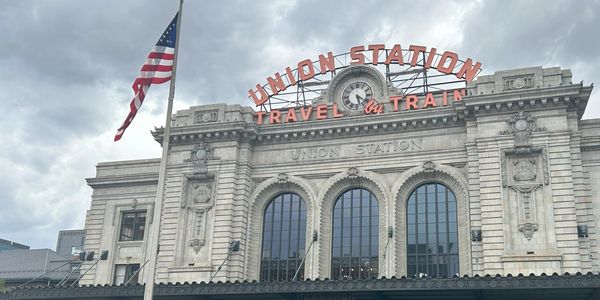 The front of Denver's Union Station on a cloudy day