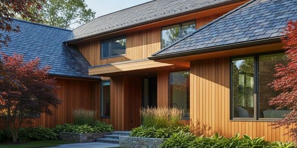 Modern wooden house exterior with large windows and landscaped garden.