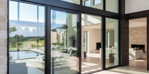 Modern glass doors open to a stylish living room and outdoor pool area.