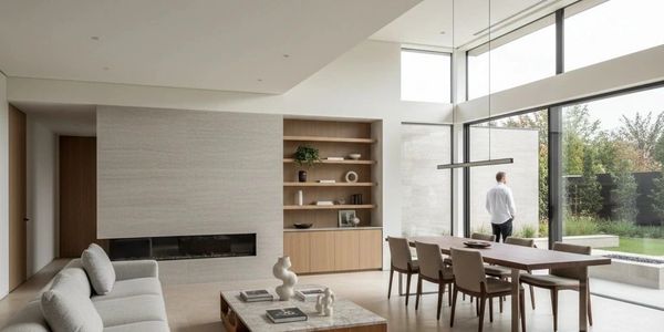 Minimalist living and dining room with neutral tones and large windows.