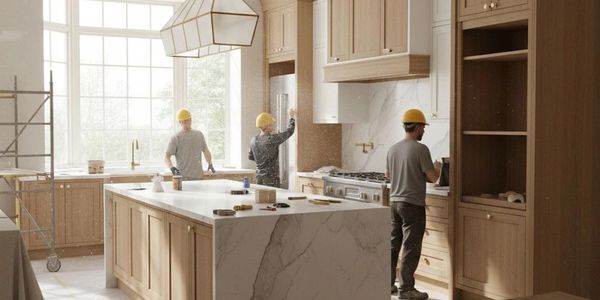 Workers installing cabinetry in a spacious kitchen with marble countertops.