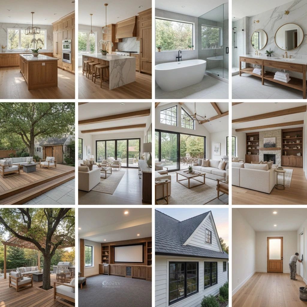 A modern home featuring a spacious kitchen, elegant bathrooms, cozy living areas, and inviting outdoor spaces.