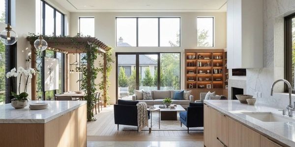 Modern open kitchen and living room with natural light and greenery.