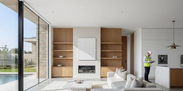 Modern living room with large glass windows and a worker in safety gear.