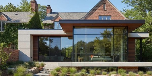Modern glass extension attached to a traditional brick house with lush greenery.