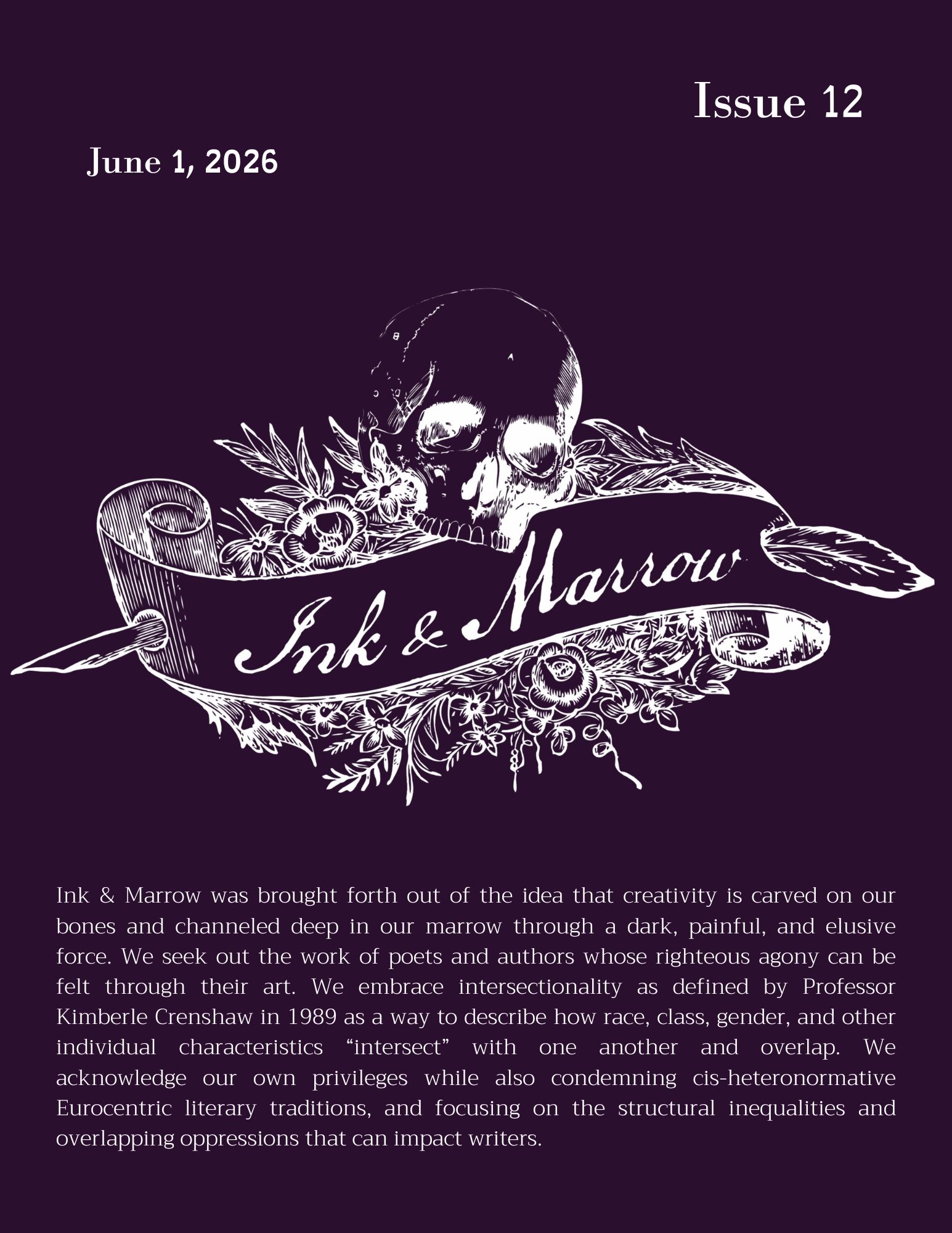 Dark cover of Ink &amp; Marrow Issue 12 featuring a skull and floral design with a ribbon.
