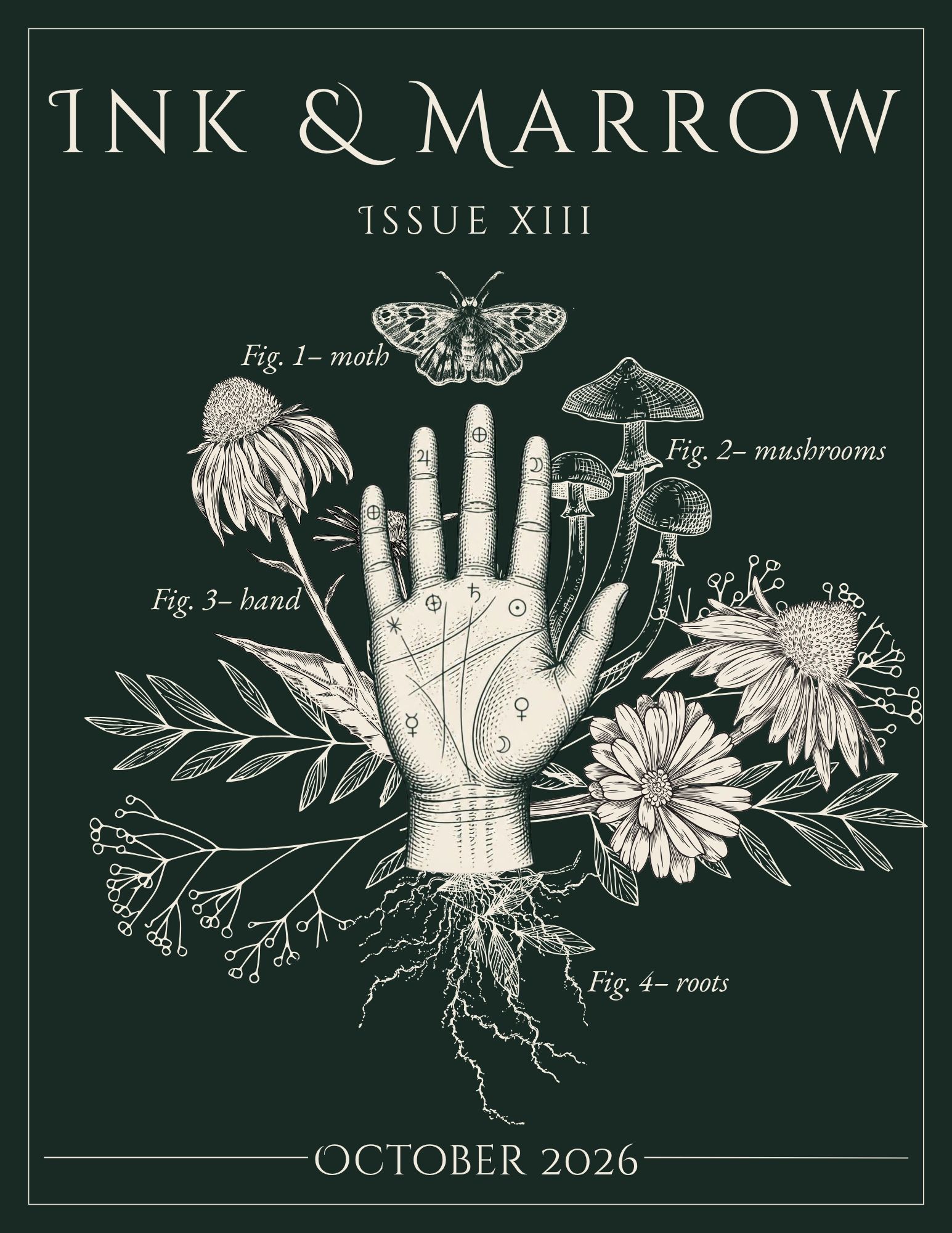 Intricate vintage botanical illustration with hand and mushrooms.