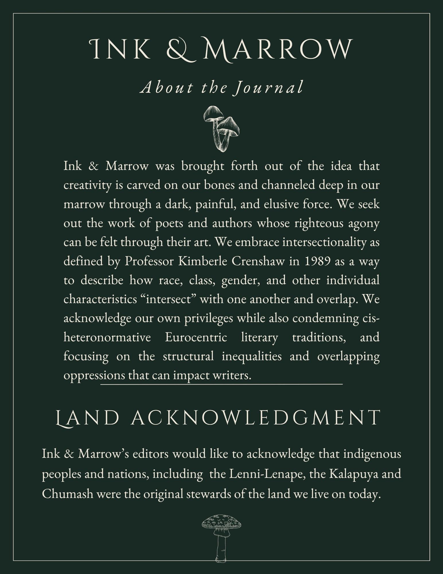 Explanation of Ink &amp; Marrow journal's mission and land acknowledgement.