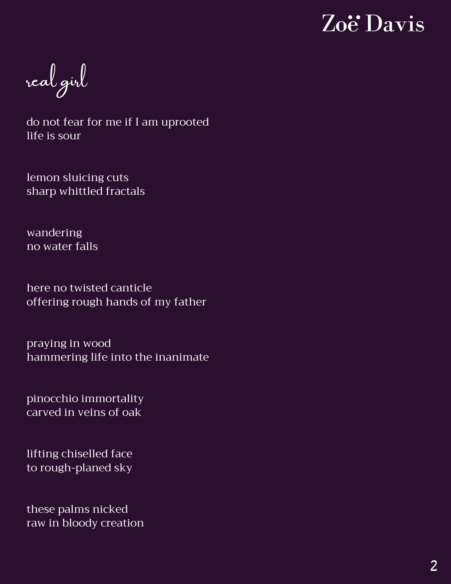 Poem titled 'real girl' by Zoë Davis exploring themes of life, resilience, and creation.