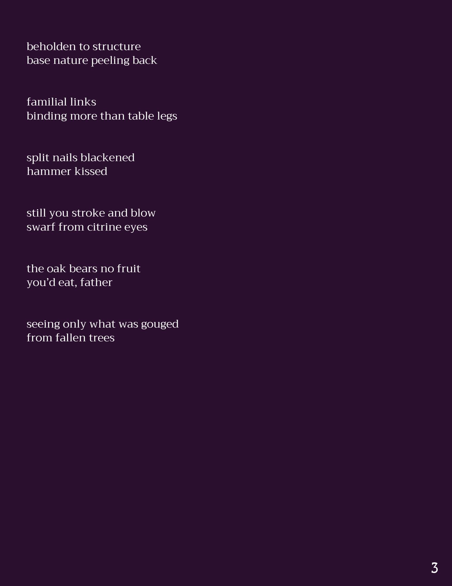 Poetic lines reflecting on family, nature, and legacy with a somber tone.