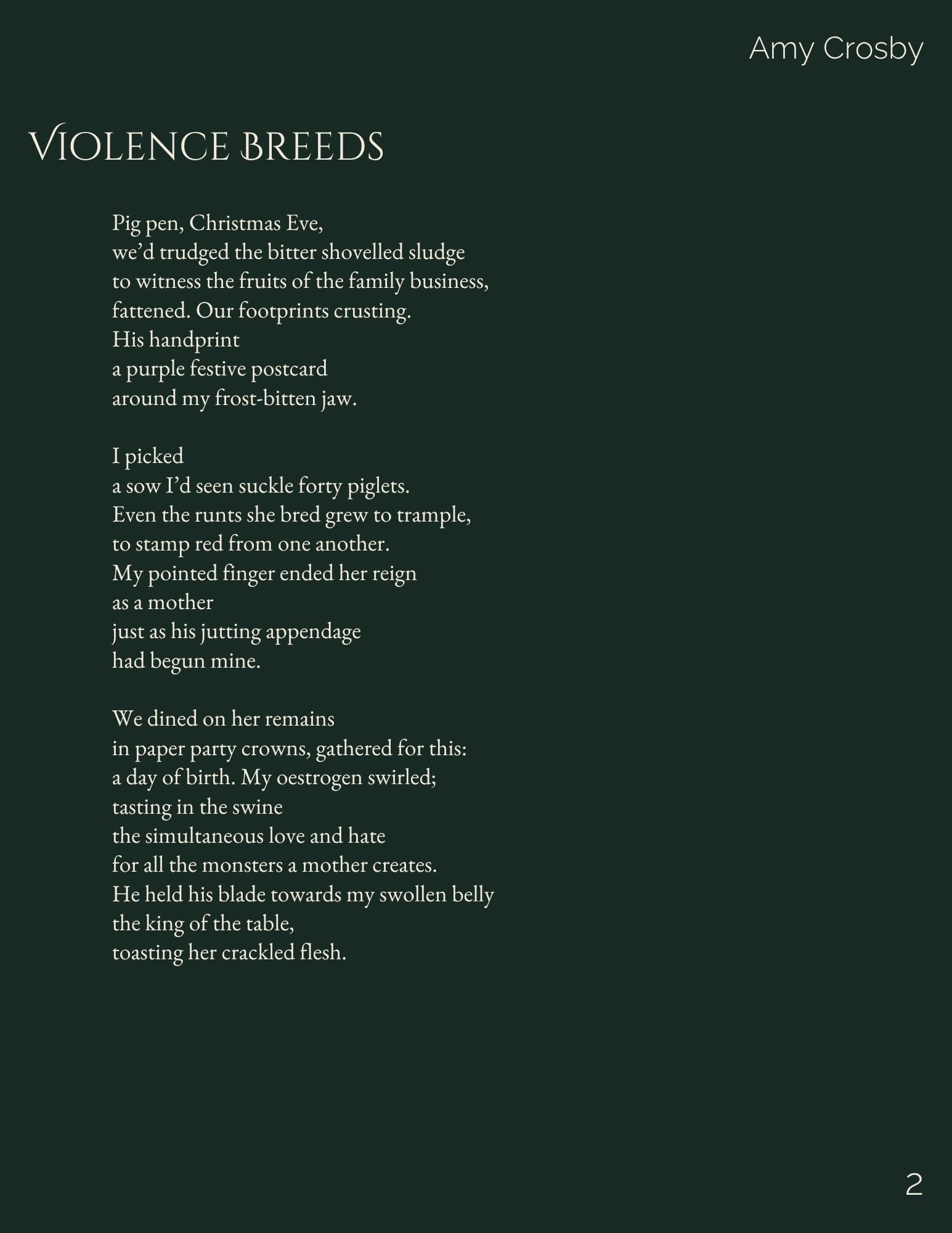Poem "Violence Breeds" by Amy Crosby explores the harsh realities of family violence and maternal sacrifice.