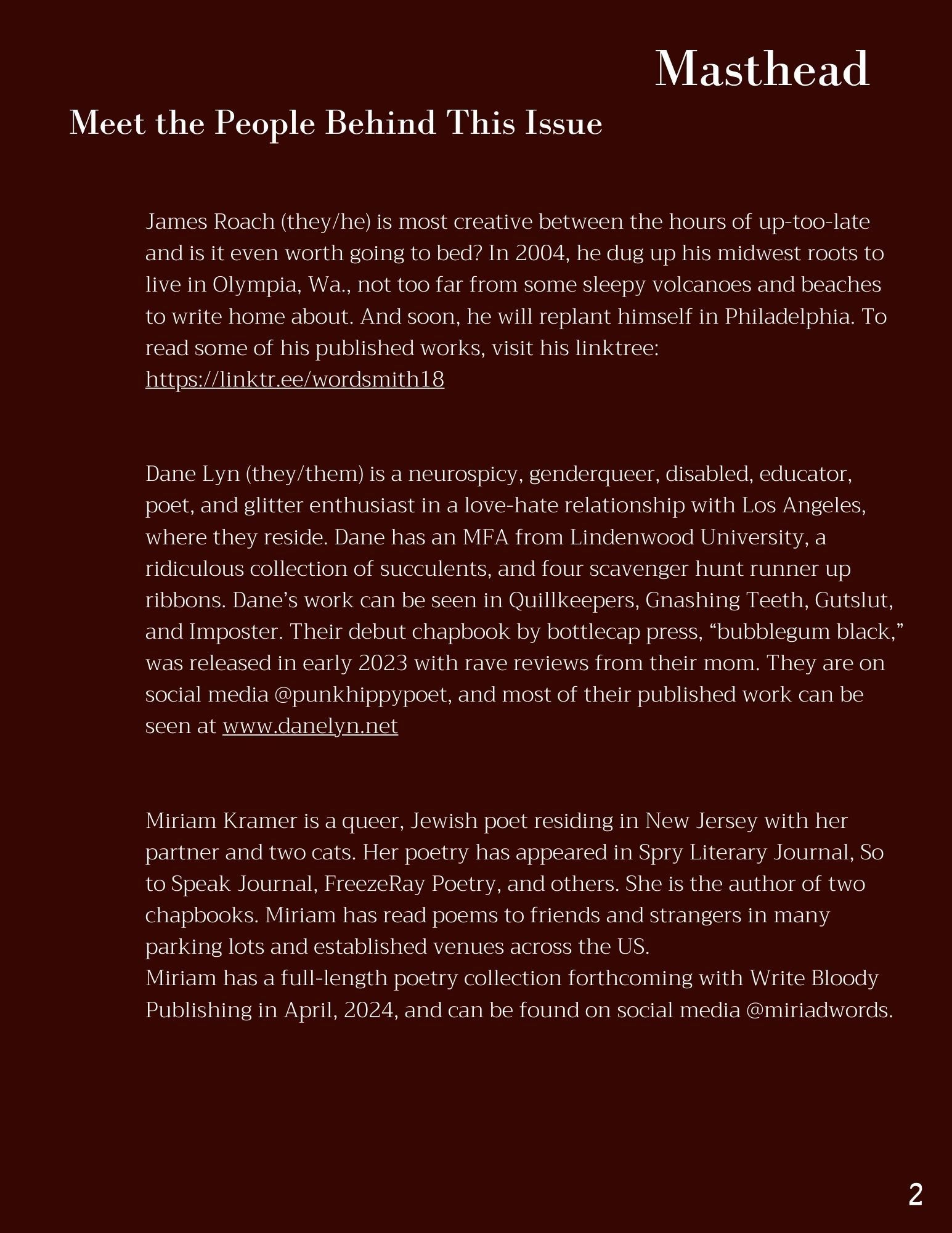 Masthead featuring bios of poets James Roach, Dane Lyn, and Miriam Kramer.
