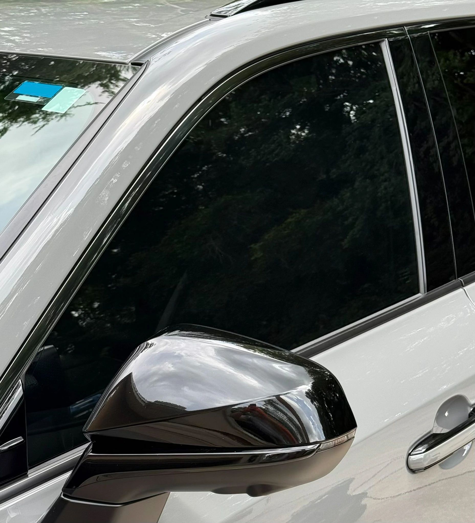 Shiny black car side mirror and door.