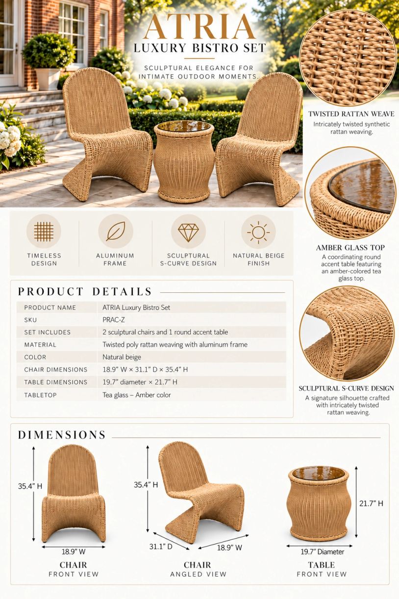 Atria luxury bistro set with twisted rattan weave and amber glass top.