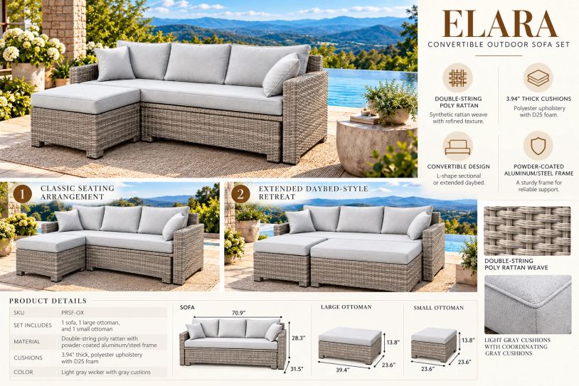 Elara convertible outdoor sofa set with gray cushions and rattan weave.