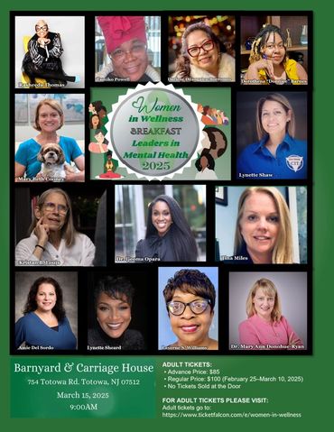 Collage of women leaders promoting mental health at a 2025 wellness breakfast event.